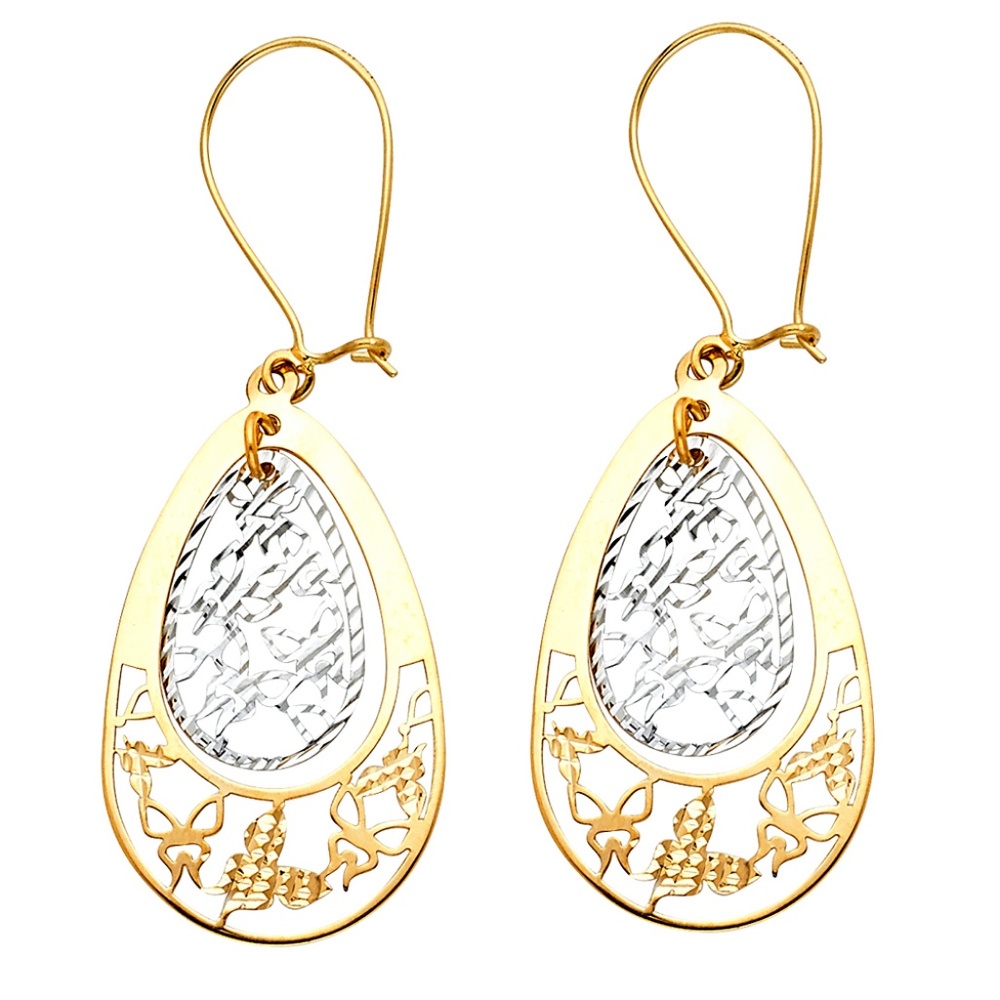 14K Two Tone Butterfly Cut Out Teardrop Earring